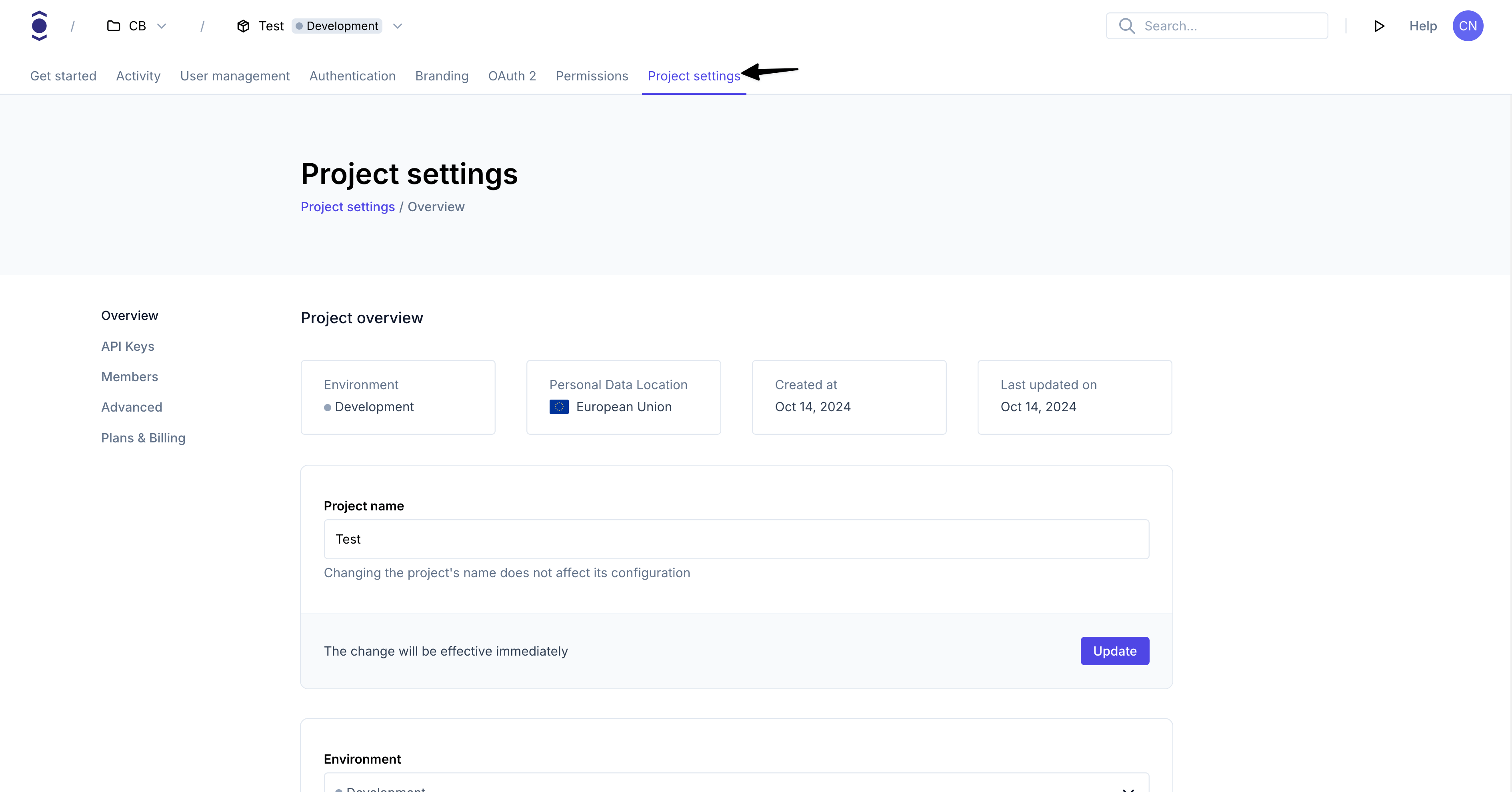 Project settings tab